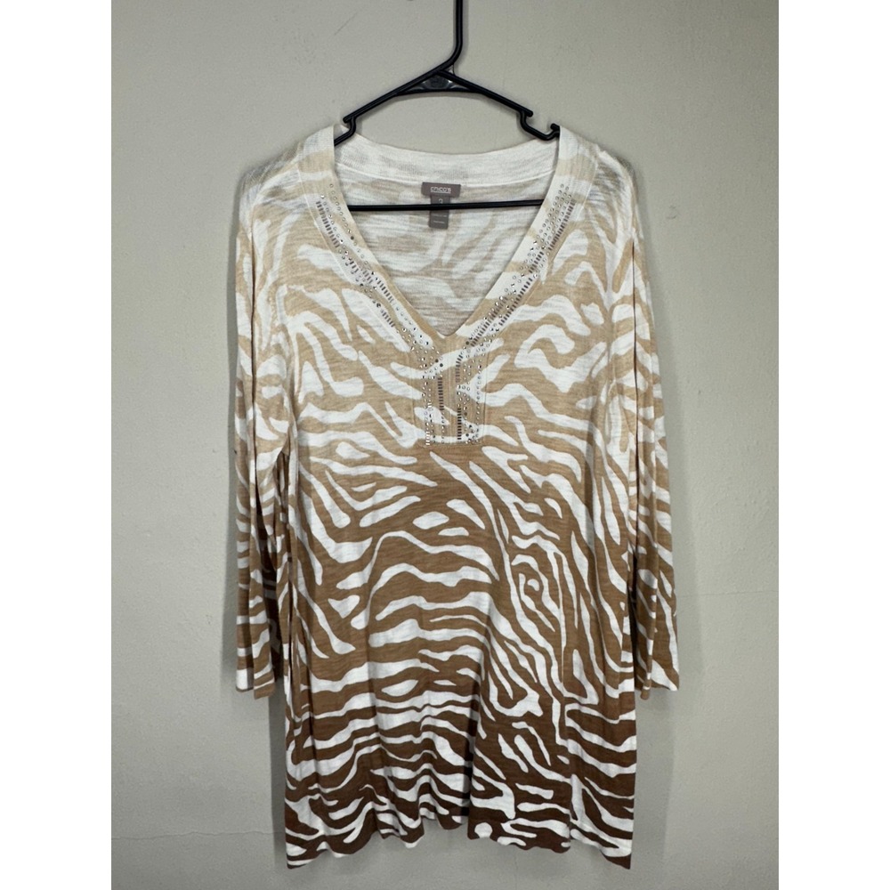 Chico's Lightweight Sweater XL 3 Brown White Zebra Print Rhinestone VNeck Boho